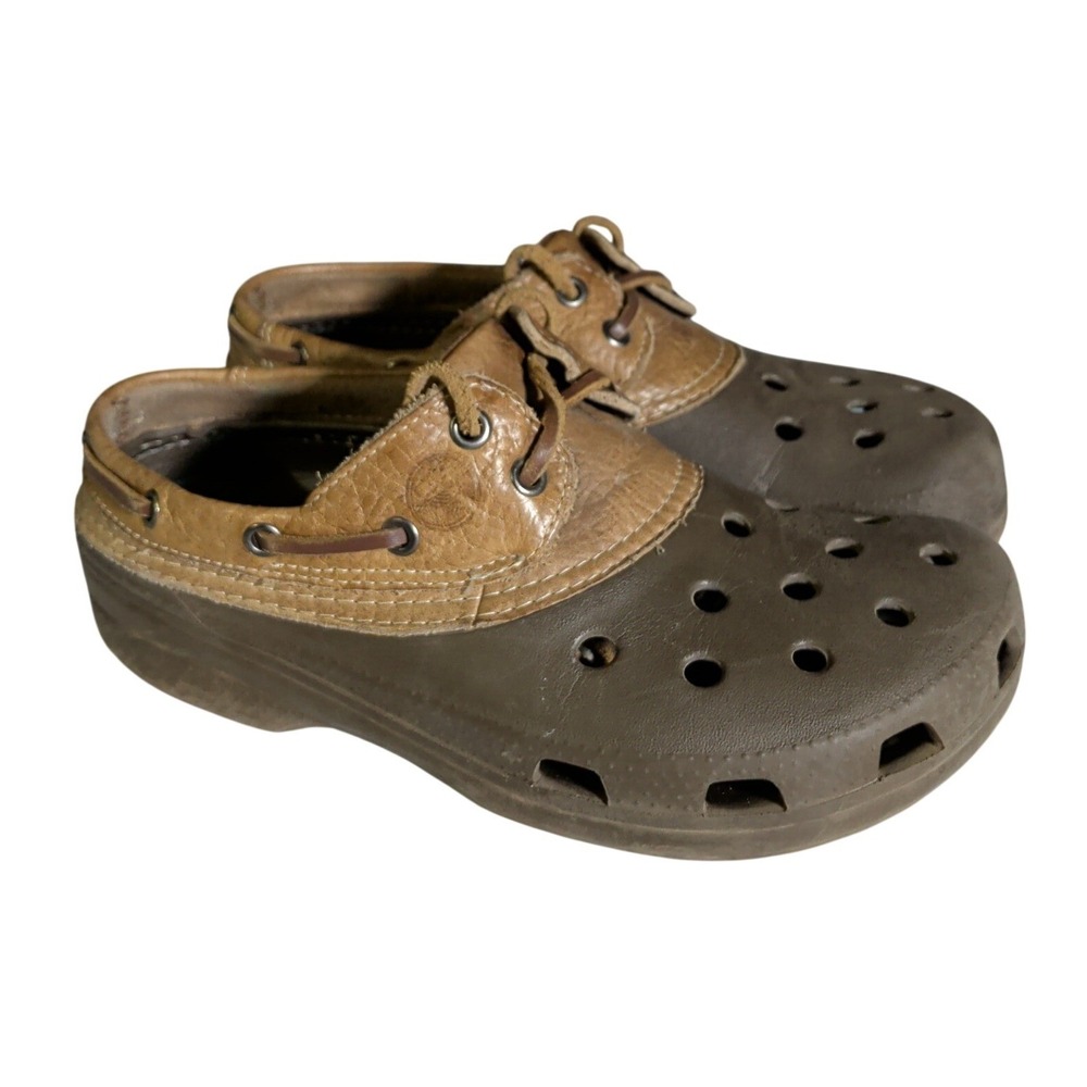 Crocs Islander Pitcrew Sport Boat Shoes Womens 6 Mens 4 Brown Leather Lace up